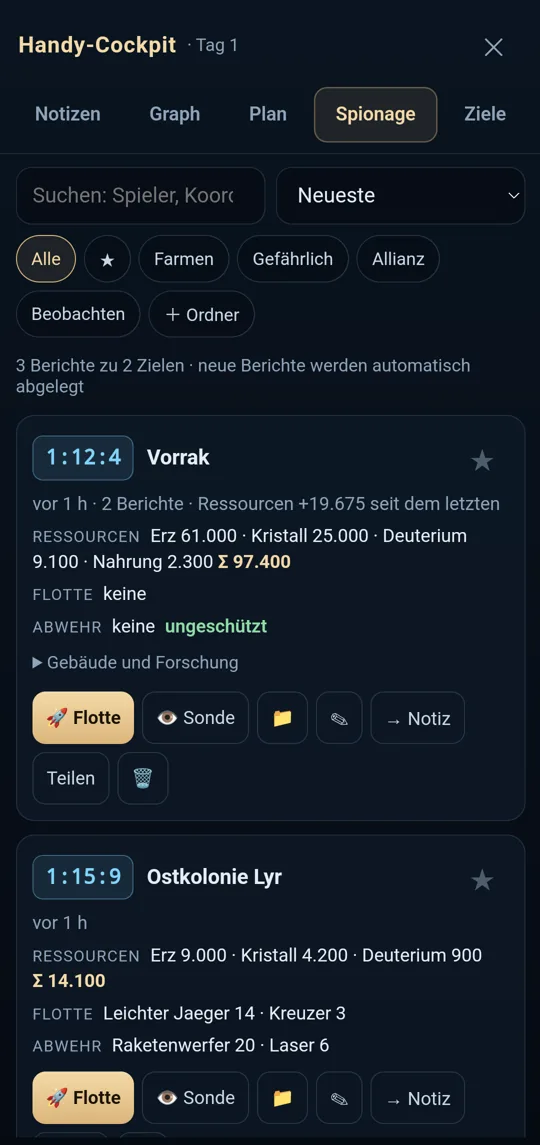 Sternenepoche-App: Spionageordner