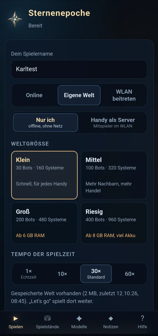 Sternenepoche-App: Eigene Welt einstellen