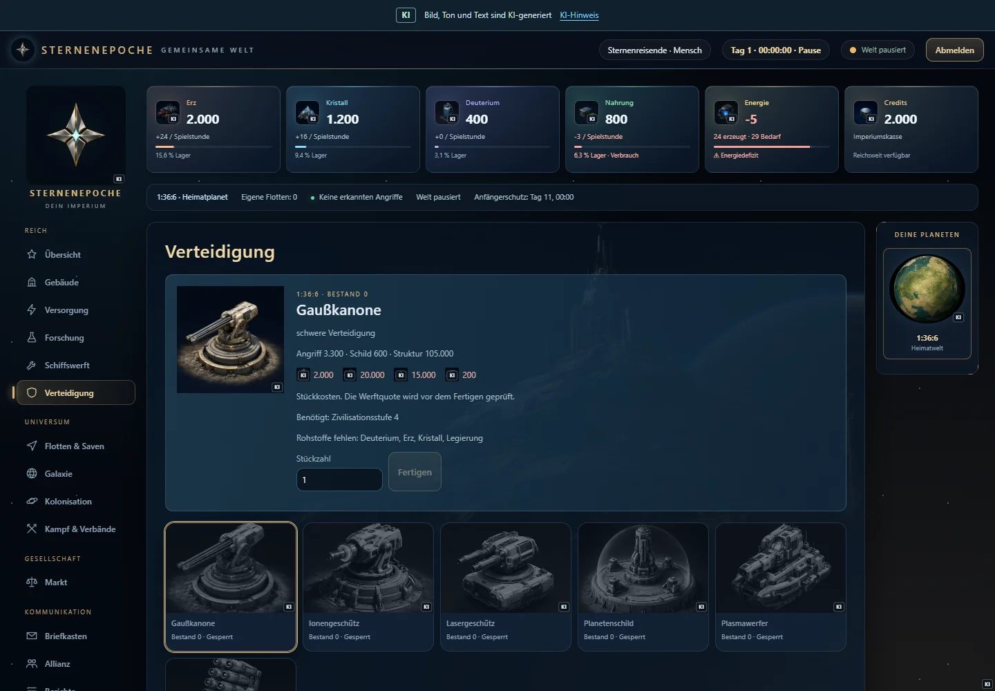 Aktuelle Browseroberfläche: Den Planeten absichern