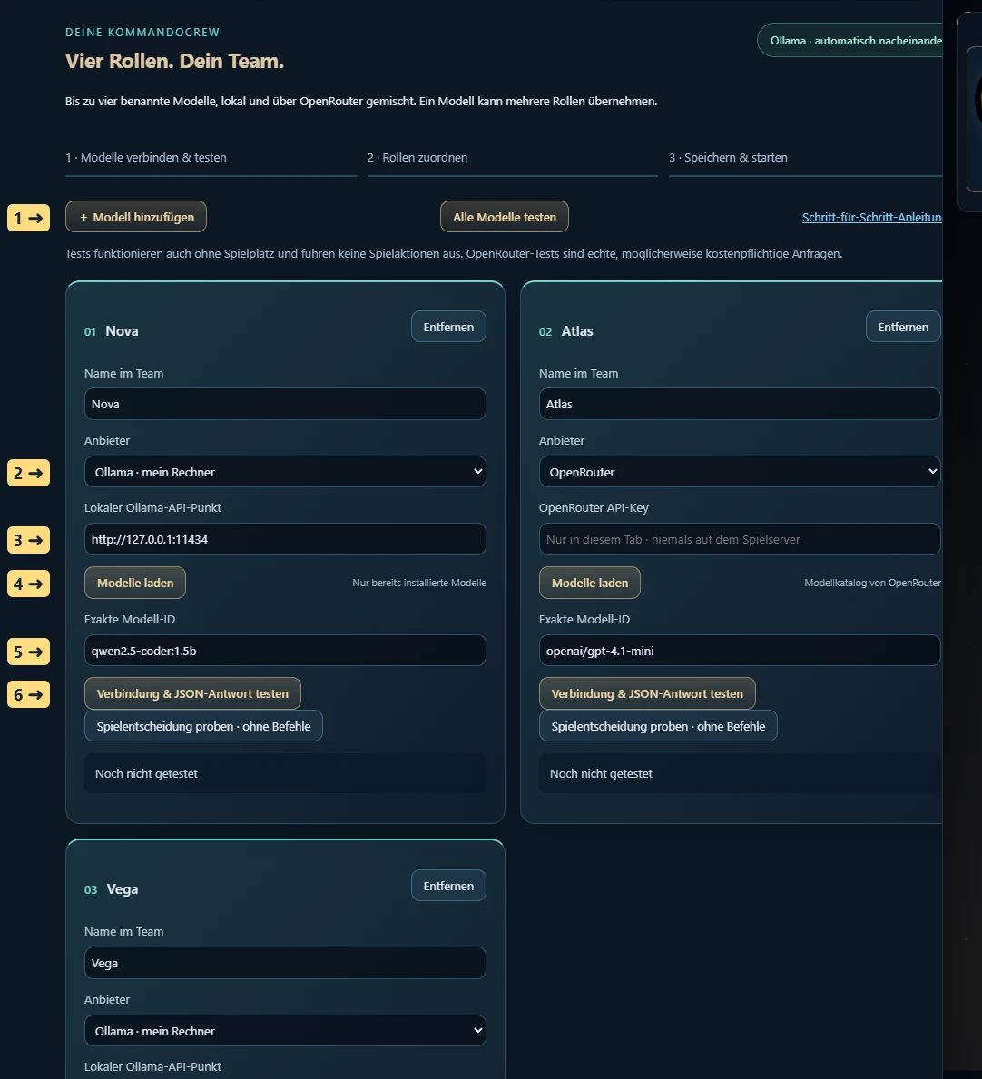Die Modellzentrale im Überblick – 1 Modell hinzufügen · 2 Anbieter wählen · 3 lokale API-Adresse · 4 Modellliste laden · 5 exakte Modell-ID auswählen · 6 diese Verbindung testen.