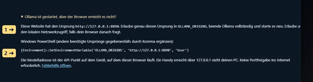 Die passende Browserfreigabe ablesen – 1 Ursprung der tatsächlich geöffneten Spielseite · 2 dazu passender PowerShell-Befehl. Im Bild ist ein lokaler Spieleinstieg geöffnet. Auf der öffentlichen Website steht hier deren HTTPS-Ursprung; übernimm deshalb den Text aus deinem eigenen Spiel.
