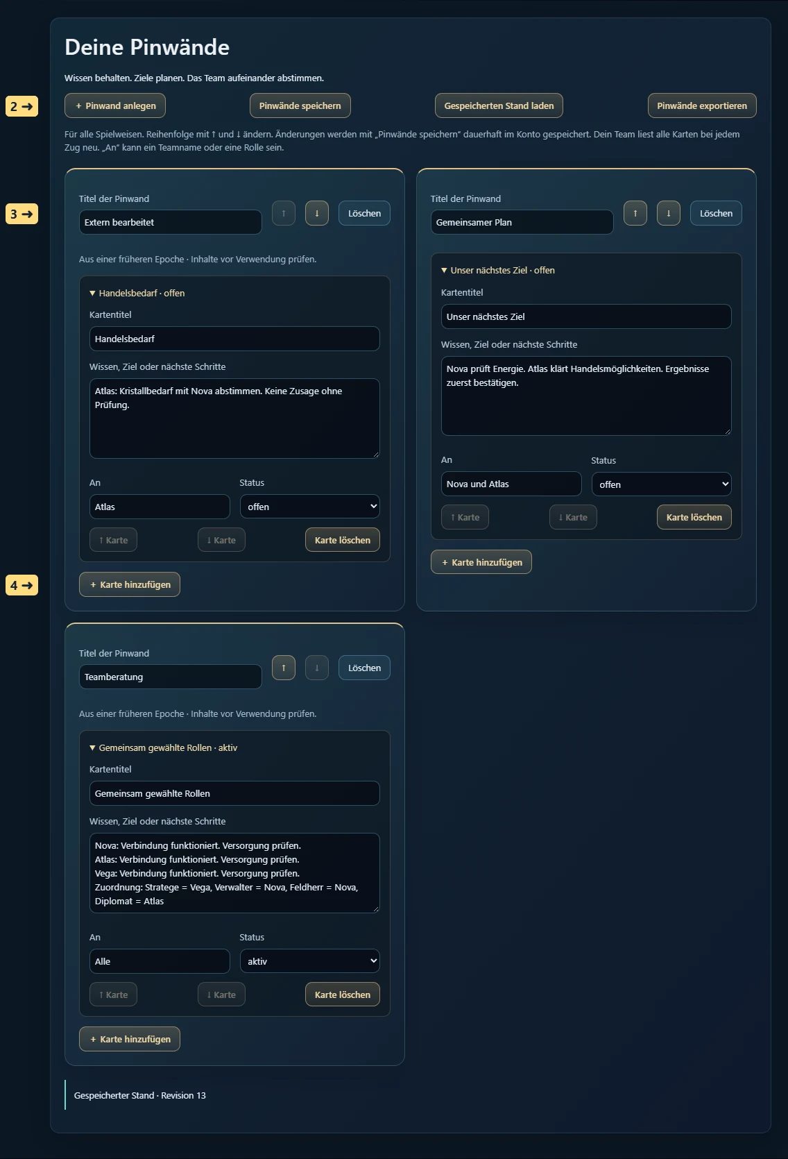 Wissen als Pinwände und Karten organisieren – 1 weitere Pinwand erstellen · 2 Bearbeitungen dauerhaft speichern · 3 Reihenfolge ändern · 4 Karte für Wissen, Ziel oder Übergabe hinzufügen. Beispielinhalte stammen aus einer isolierten Testwelt.